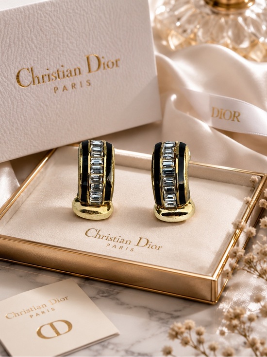 Dior Jewelry - Dior Gold and Black Crystal Clip-On Hoop Earrings (NO BOX)